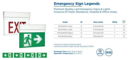 EMERGENCY SIGN LEGENDS UP, 2W,220-240V
