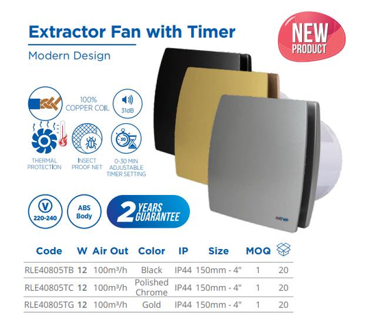 EXTRACTOR FAN, 12W, 100M3/H, 220 50/60Hz, Timer - BLACK