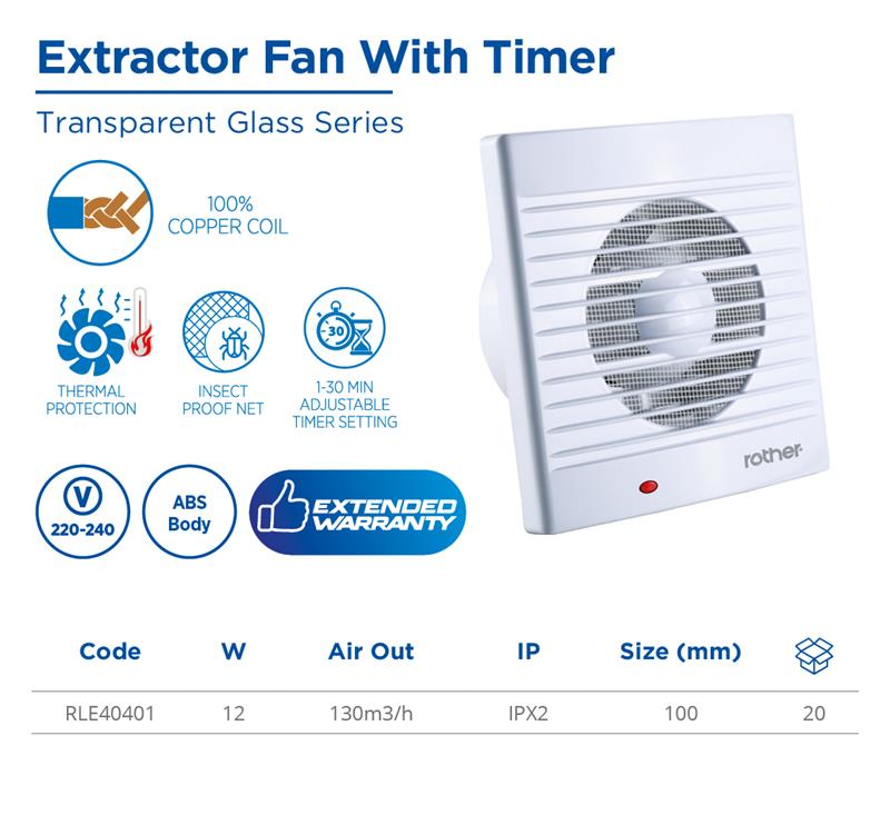EXTRACTOR FAN WITH TIMER, 15W, 80m3/h, 220-240V, Size,100