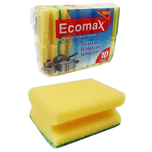 Ecomax Yellow Double Sided Grooved Kitchen Washing Up Sponges Scourers Pack of 10