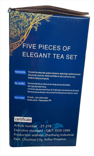 Elegant Glass Tea Pot with 4 Tea Cups Set of 5 Pieces