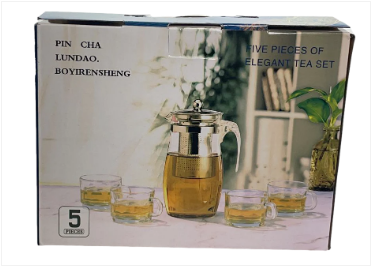 Elegant Glass Tea Pot with 4 Tea Cups Set of 5 Pieces