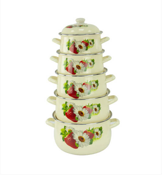 Enamel Cooking Pot Set of 5 Floral Strawberries Design