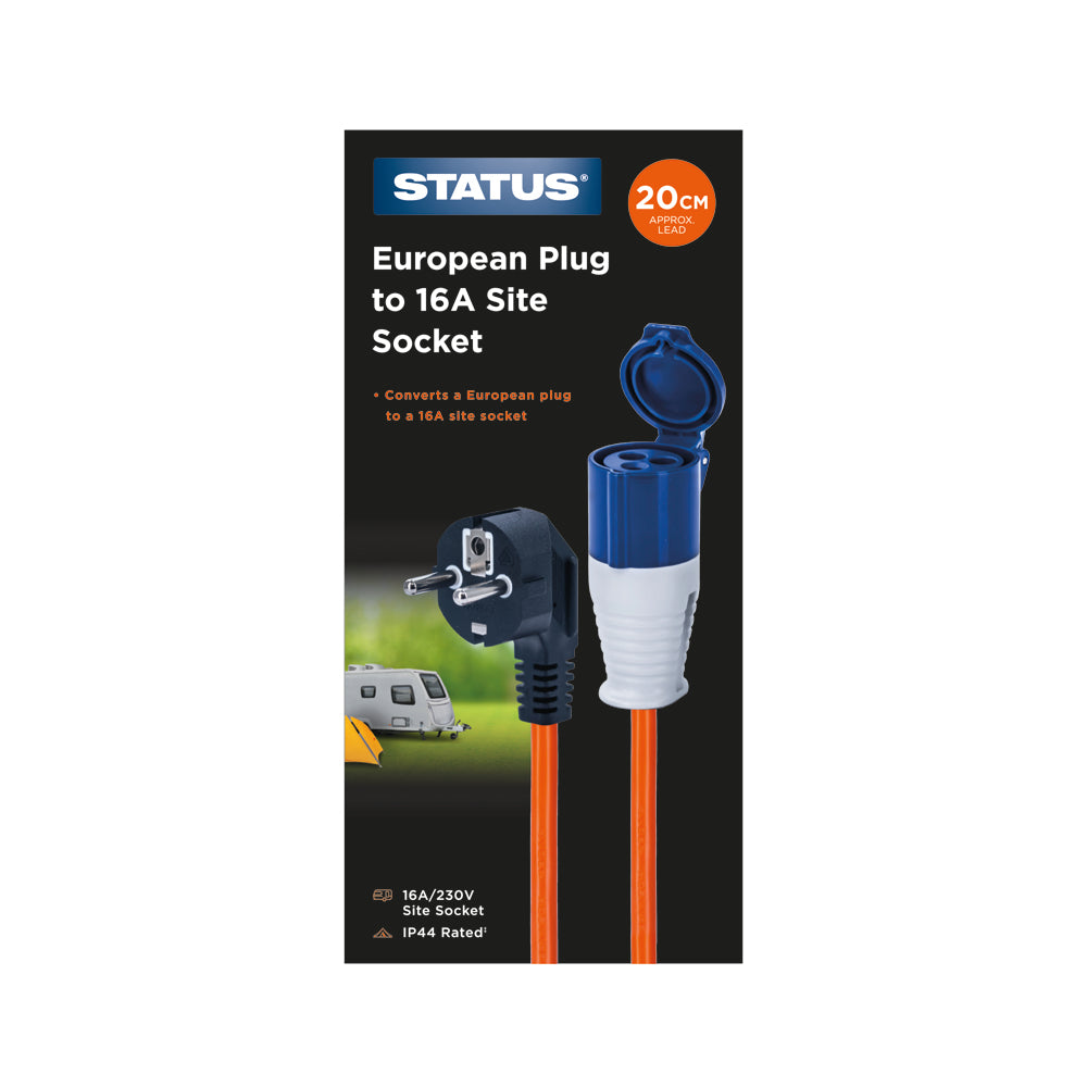 European Plug to 16 Amp Mains Round 3 Pin Site Socket - 20cm Orange Cable - Conversion Hook Up Lead - 230v - IP44 - 1pk Box