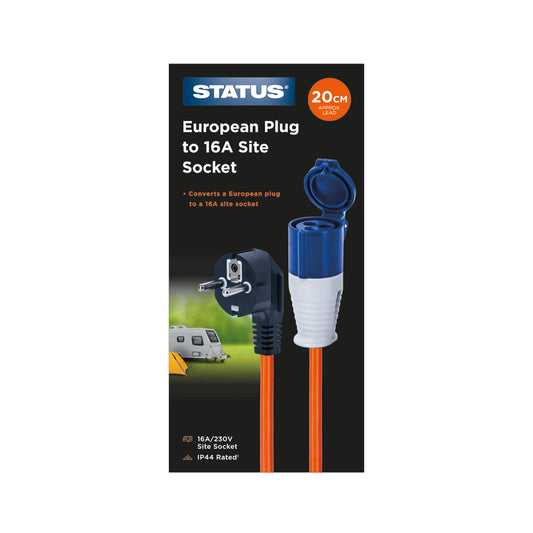 European Plug to 16 Amp Mains Round 3 Pin Site Socket - 20cm Orange Cable - Conversion Hook Up Lead - 230v - IP44 - 1pk Box