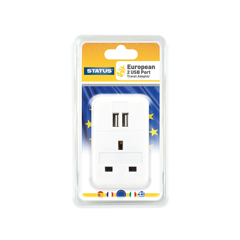 European Travel Adaptor - White - 1 way - 2 x USB Charging Ports - 1 pk - in a Clam Shell