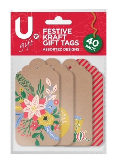 Festive Kraft Gift Tags, 40pk 4 Asst