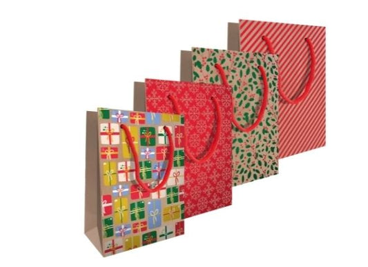 Festive Kraft Giftbag Small, 4 Asst