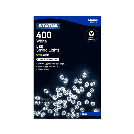 Falun - 400 - White - LED - Indoor/Outdoor - Mains Powered - String Lights - 8 Functions - Green Cable - 37 Metre Total Cable Length - 5 Metres To First LED Light - IP44 Rated - 1 Pack Glossy Box