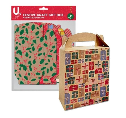 Festive Kraft Gift Box, 4pk 4 Asst