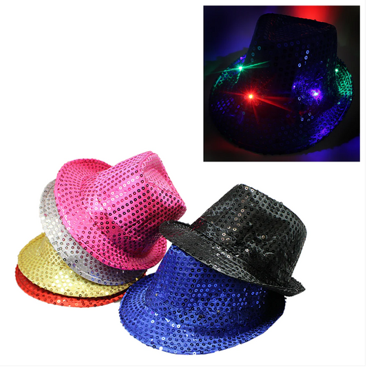 Flashing Light Up Led Fedora Trilby Sequin Fancy Dress Hat Assorted Colours