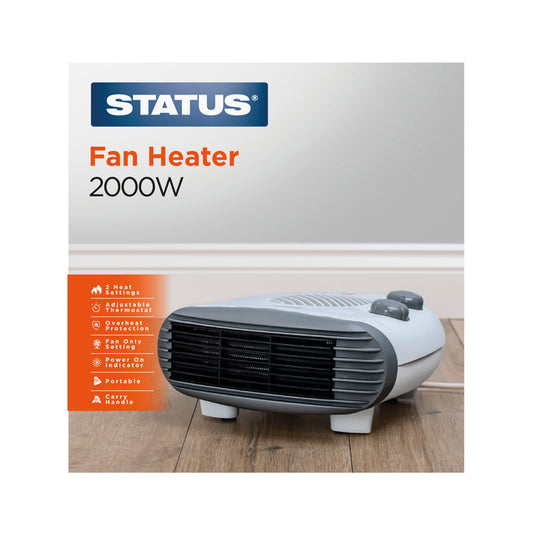 Flat Fan Heater - 2000w - White - 2 Heat Settings - with Adjustable Thermostat - 1 pk - in Glossy Retail Box- 6pcs Per Outer Case