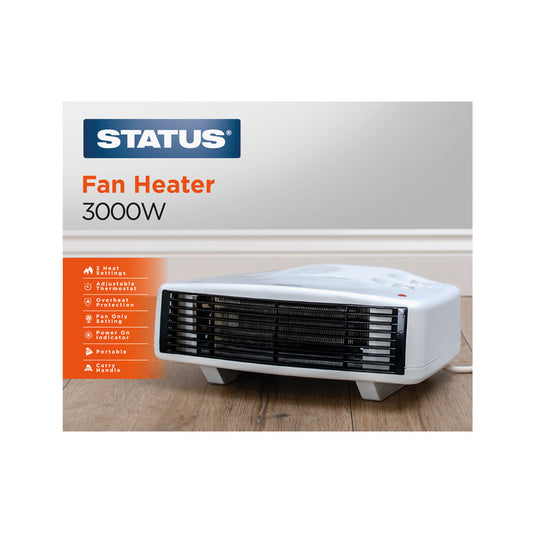Flat Fan Heater - 3000w - White - 2 Heat Settings - with Adjustable Thermostat - 1 pk - in Glossy Retail Box - 6pcs per Outer Case