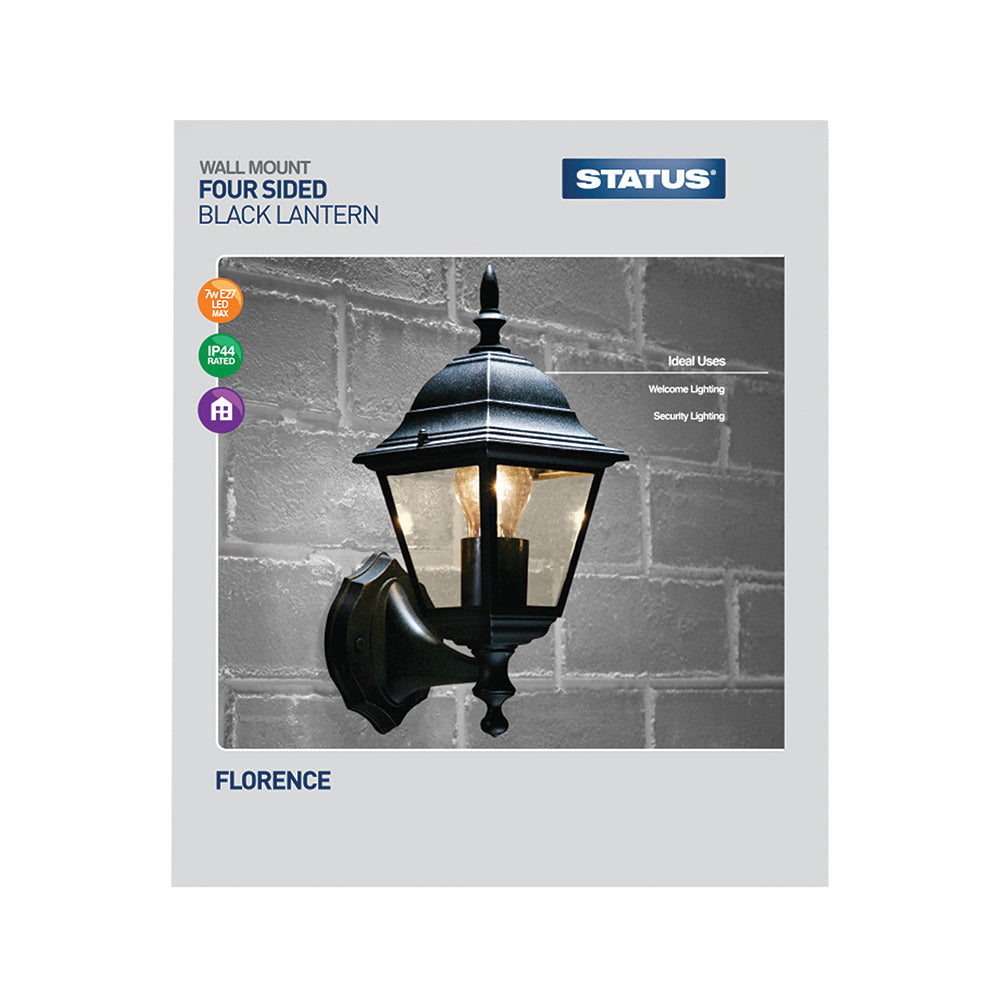 Florence - 12w CFL / 42w Halogen E27 - Black - 4 sided Lantern (bulb not included) - 1 pk - in Glossy Retail Box