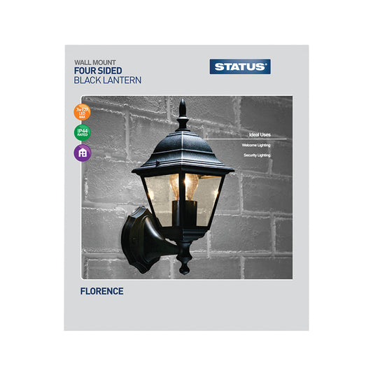 Florence - 12w CFL / 42w Halogen E27 - Black - 4 sided Lantern (bulb not included) - 1 pk - in Glossy Retail Box