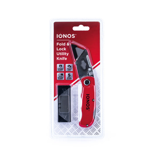 Foldable Locking Utility Knife - easy folding - lock open - red aluminium body - belt clip - quick change mechanism - 5 replacement blades with storage box - clam shell - Ionos - 1pk