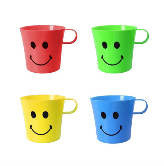 Fun 4 Colour Smiley Plastic Handles Mugs For Parties, Home etc