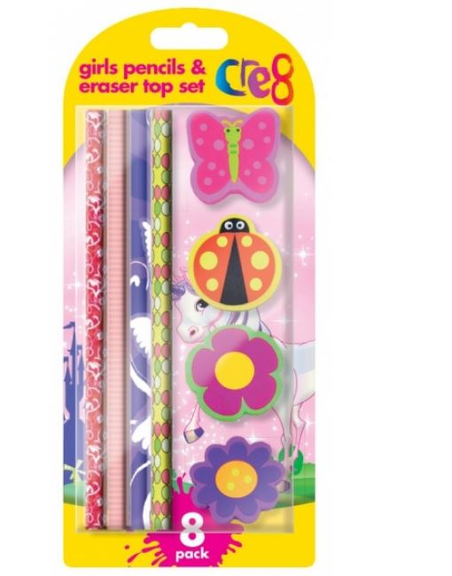 Girls Pencil & Eraser Set, 8pk