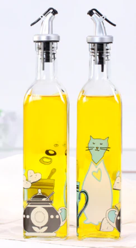 Glass Oil and Vinegar Bottle with Coloured Label 500 ml Gold Plastic Stopper Assorted Designs