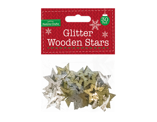 Glitter Wooden Star Embellishments 30 Pack