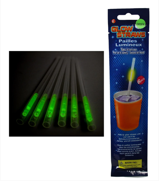 Glow In The Dark Drinking Straw Pack of 6 Green