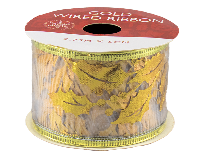 Gold Christmas Wired Ribbon 5cm x 2.75m (With PDQ)