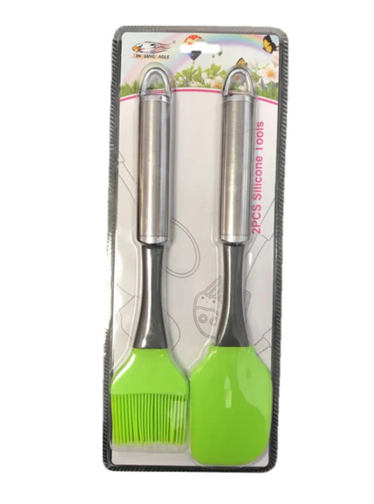 Green Silicone Spatula and Pastry Brush Set Metal Handle 26 cm