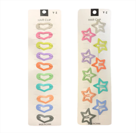 Hair Clips Heart / Star Shape 3.4 cm Pack of 10 Assorted Designs and Colours