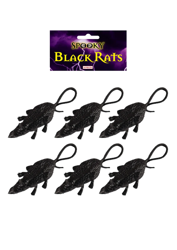 Halloween Jokes and Pranks Festive Fun Black Rats 8cm Pack of 6