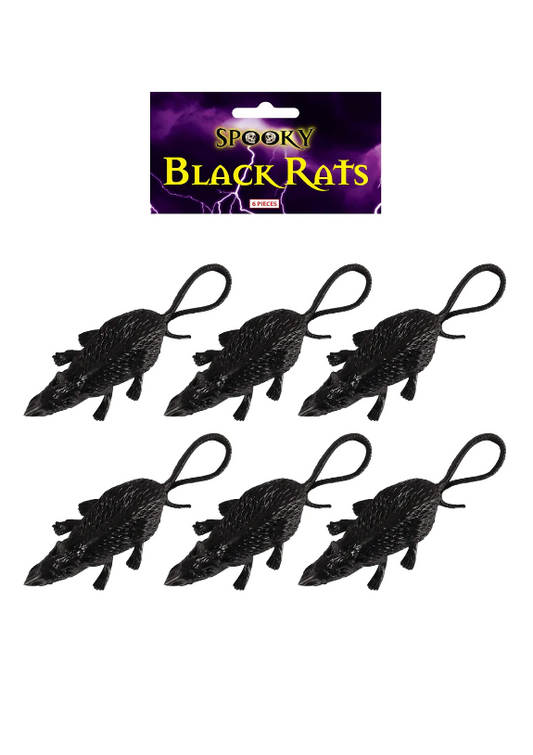 Halloween Jokes and Pranks Festive Fun Black Rats 8cm Pack of 6