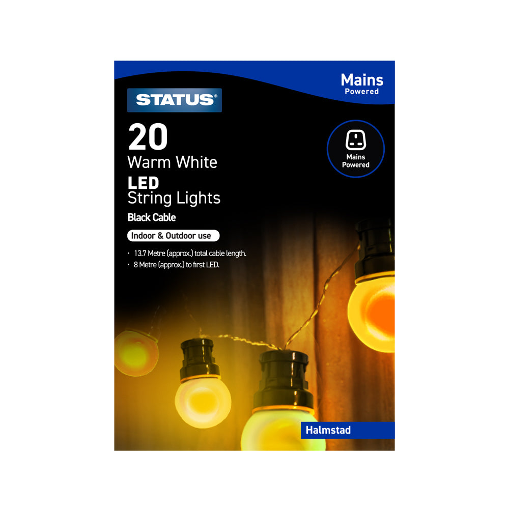 Halmstad - 20 - LED - Warm White - Frosted - Indoor/Outdoor - Mains Powered - Party Lights - 8 Function - Black Cable - 13.7 Metre Total Cable Length - 8 Metres To First LED Light - 1 Pack Glossy Box
