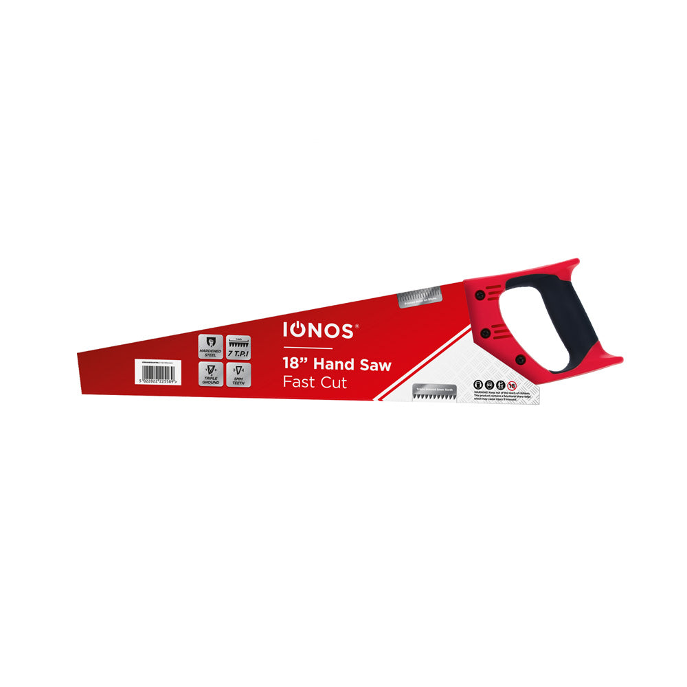 Handsaw 18" - degree and cm measuring strip - hardened 65Mn alloy steel blade - 450mm - 7 TPI - 3 edge teeth - 5mm teeth - colour card sleeve - Ionos - 1pk