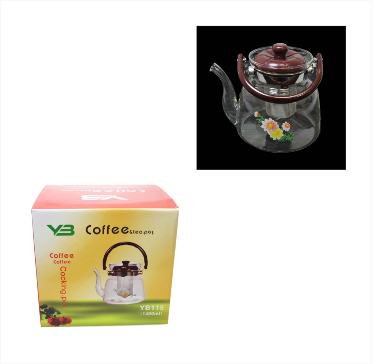 Heat Resistant Tea Coffee Glass Pot Bowl Plastic Handle 1400ML