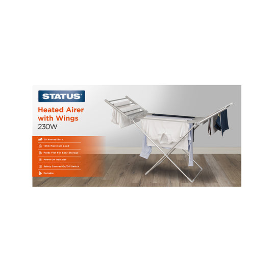 Heated Clothes Airer With Wings - 230w - Silver - 20 Heated Bars - Portable - 1 pk - in Glossy Retail Box