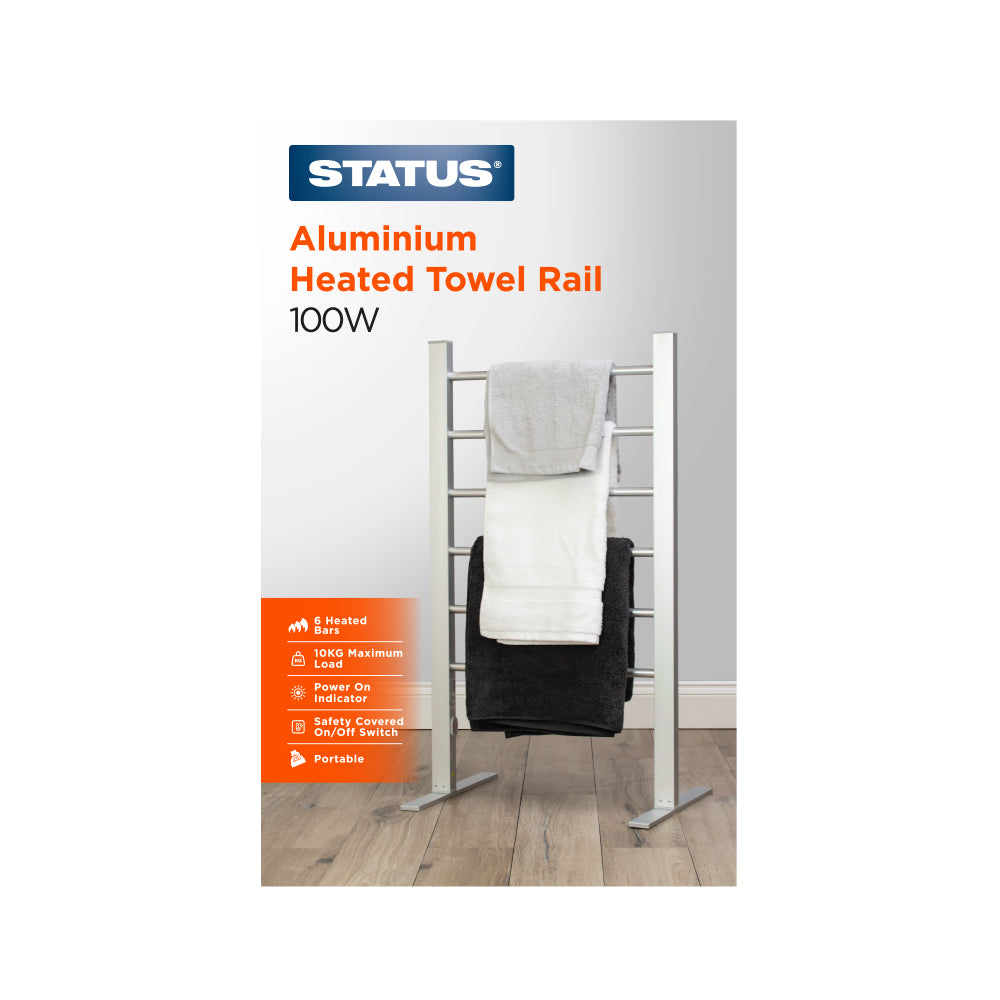 Heated Towel Rail - 100w - Aluminium - 6 Heated Bars - Portable - 1 pk - in Glossy Retail Box
