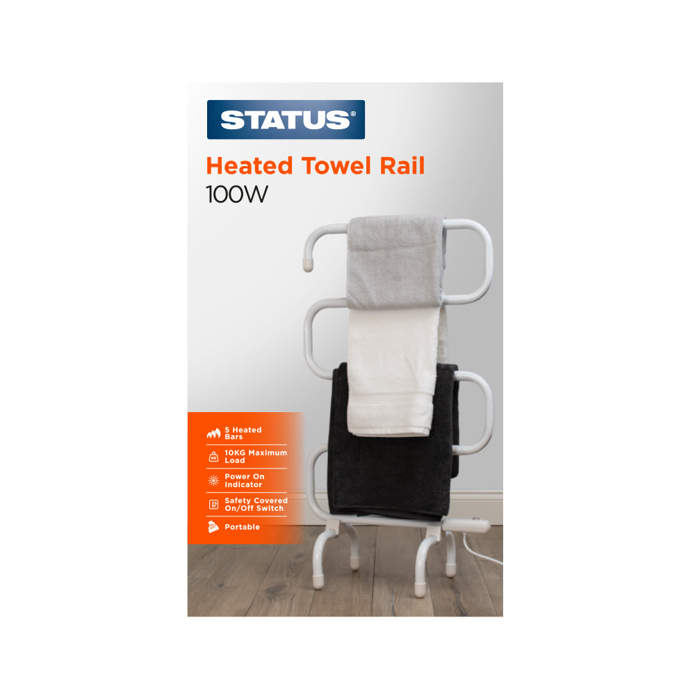 Heated Towel Rail - 100w - White - 5 Heated Bars - Portable - 1 pk - in Glossy Retail Box