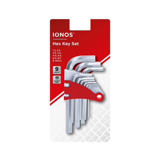 Hex Key Set - carbon steel 9pcs - 1.5mm/2mm/2.5mm/3mm/4mm/5mm/6mm/8mm/10mm - nickel plated - red housing - clam shell - Ionos - 1pk