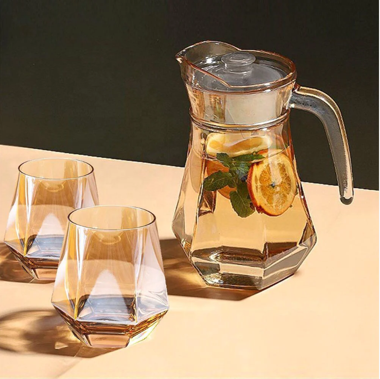 Hexagonal Glass Water Jug and Cups Set 5pcs Copper Orange