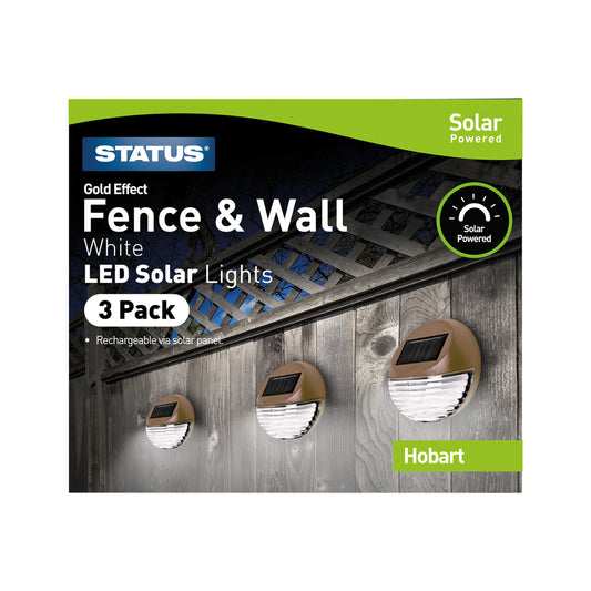 Hobart - White - LED - Solar - Gold Fence Lights - Rechargeable Battery Included - IP44 - 3 Pack Glossy Box