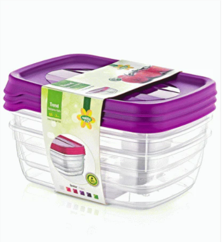 Hobby Trend Rectangular Food Storage Containers 3pcs 0.6 Litre Assorted Colours