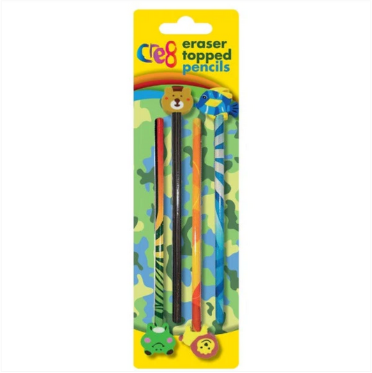 Jungle Animal Themed Boys Eraser Topped Pencils 4pk