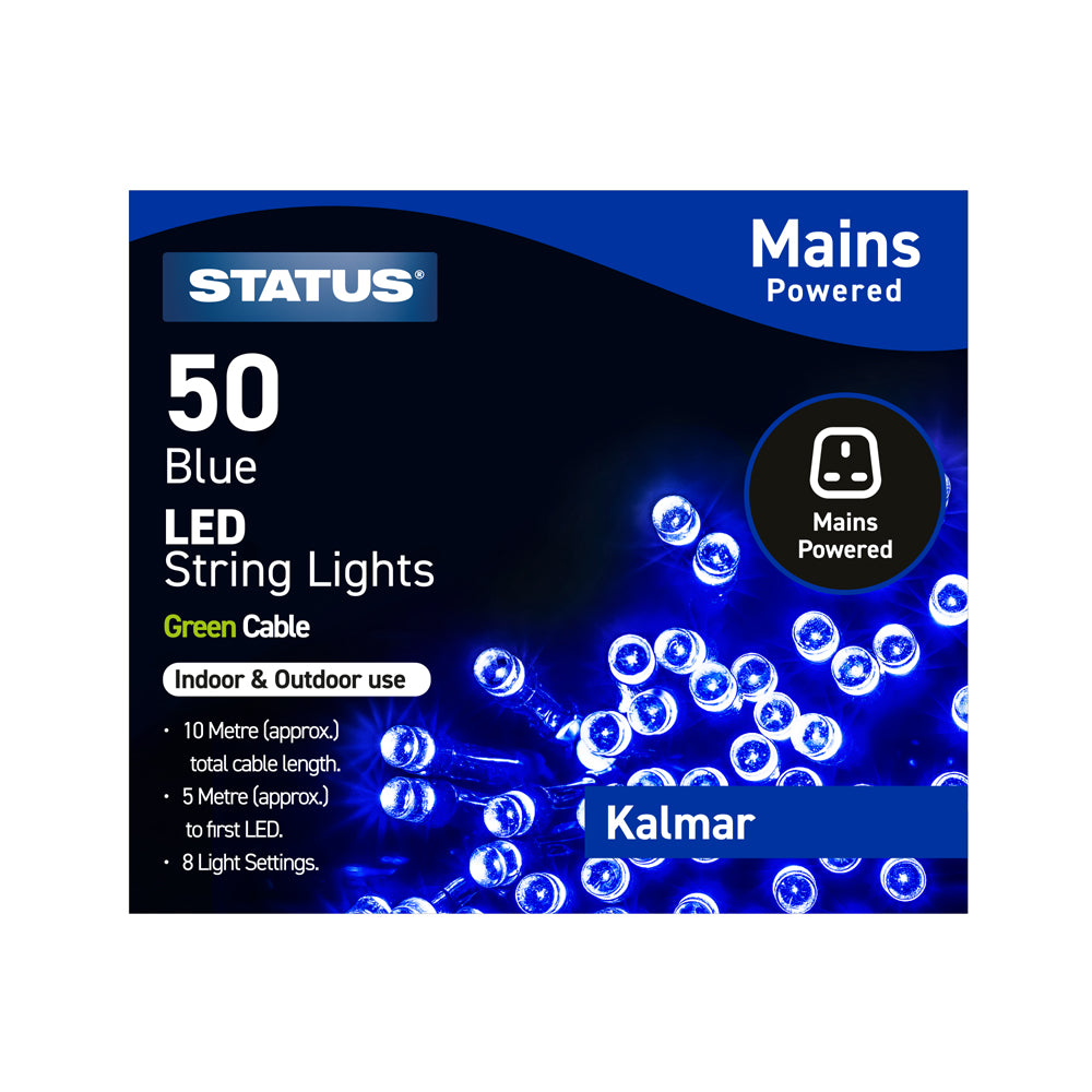 Kalmar - 50 - Blue - LED - Indoor/Outdoor - Mains Powered - String Lights - 8 Functions - Green Cable - 10 Metre Total Cable Length - 5 Metres To First LED Light - IP44 (Light Chain Only) - 1 Pack Glossy Box