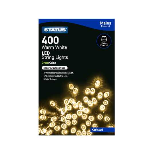 Karlstad - 400 - Warm White - LED - Indoor/Outdoor - Mains Powered - String Lights - 8 Functions - Green Cable - 37 Metre Total Cable Length - 5 Metres To First LED Light - IP44 Rated - 1 Pack Glossy Box