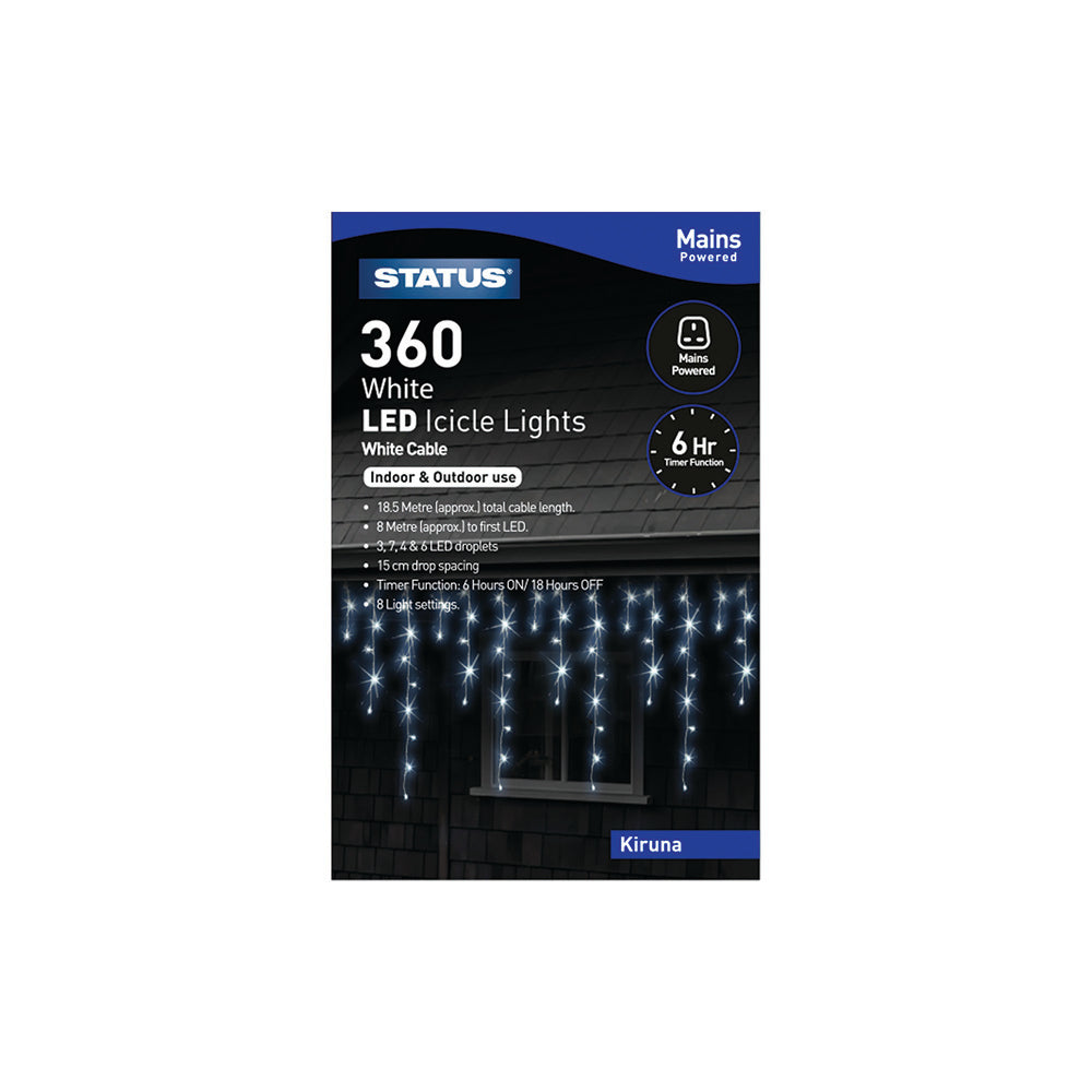Kiruna - 360 - Cool White - LED - Indoor/Outdoor - Mains Powered - Icicle Drops String Lights - 8 Functions -  6 Hour Timer - White - 18.6 Metres Total Cable Length -  xx Metres To First LED Light - IP44 Rated - 1 Pack Glossy Box