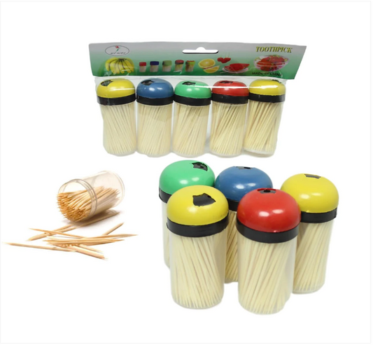 Kitchen Bamboo Stick Toothpicks 5 in Pack Assorted Colour Lids