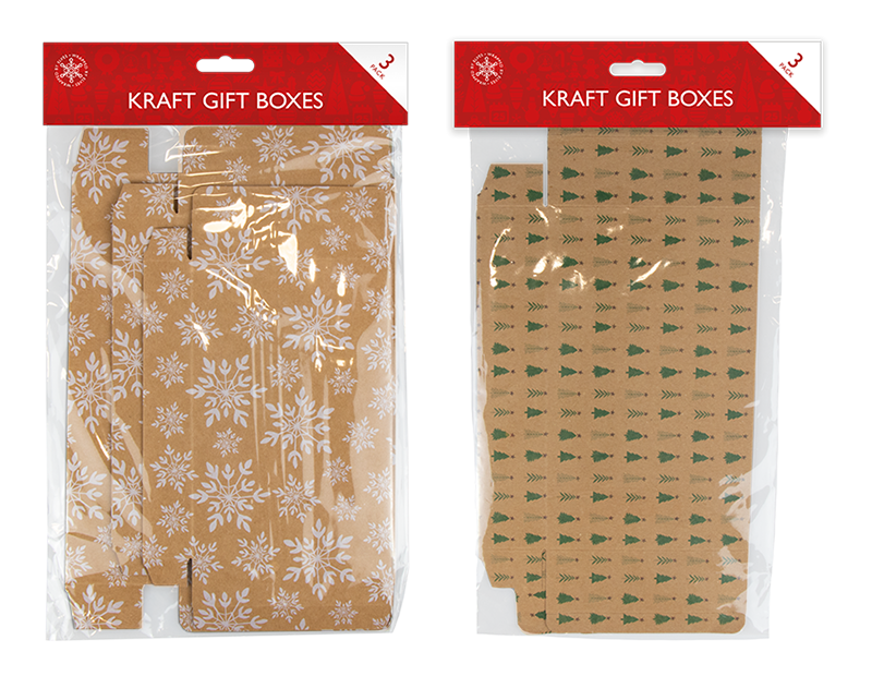 Kraft Printed Flat Pack Gift Boxes 3 Pack