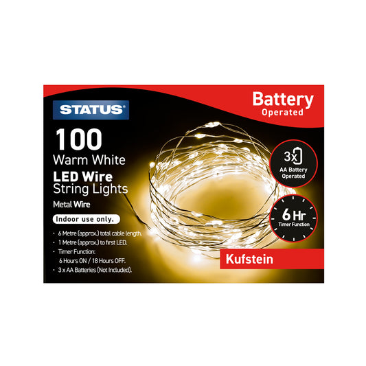 Kufstein - 100 Micro - Warm White - LED - Indoor - Battery Operated - Wire Lights - 8 Functions - 6 Hour Timer - Silver Cable - 6 Metre Total Cable Length - 1 Metre To First LED Light - IP20 Rated - 3 x AA Batteries (Not Included) - 1 Pack Glossy Box