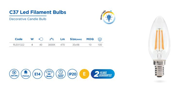 LED FILAMENT BULB, 4W, 470LM, 220-240V,300K