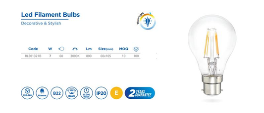 LED FILAMENT BULB, 7W, 800LM, 220-240V,3000K