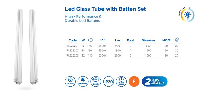 LED GLASS TUBE WITH BATTEN SET, 20W, 1120LM